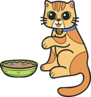 Hand Drawn striped cat eating food illustration in doodle style png