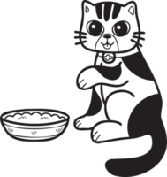 Hand Drawn striped cat eating food illustration in doodle style png