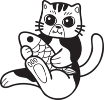 Hand Drawn striped cat eating fish illustration in doodle style png