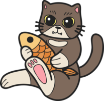 Hand Drawn cat eating fish illustration in doodle style png