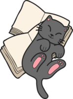gato dibujado a mano acostado en una pila de libros ilustrados en estilo garabato png