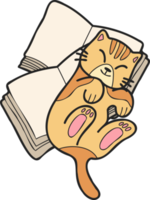 Hand Drawn striped cat lying on stack of books illustration in doodle style png