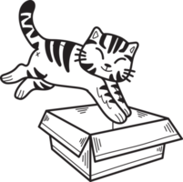 Hand Drawn striped cat jumped into the box illustration in doodle style png