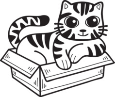 Hand Drawn striped cat in box illustration in doodle style png
