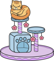 Hand Drawn striped cat with cat climbing pole illustration in doodle style png