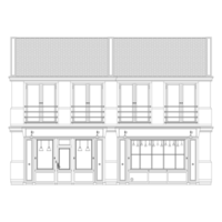 Coffeeshop facade front view Coloring page. French old Building. European architecture. PNG Illustration.