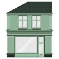 vista frontal de la fachada de la tienda de dos pisos con ventana grande. edificio antiguo francés. arquitectura europea. ilustración png colorida.