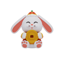 3D Cute rabbit in traditional Chinese clothing holding gold coin. Chinese new year elements icon. Text means wealthy. png