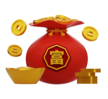 Money bag full of gold coins and gold ingot. Chinese new year elements icon. Text means wealthy. png