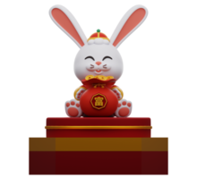 rendu 3d. lapin mignon en vêtements traditionnels chinois tenant un sac d'argent plein d'argent et assis sur le podium. icône des éléments du nouvel an chinois. le texte signifie riche. png