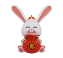 rendu 3d. lapin mignon en vêtements traditionnels chinois tenant un sac d'argent. icône des éléments du nouvel an chinois. le texte signifie riche. png