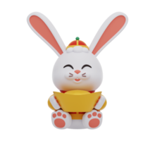 3d rendering. Cute rabbit in traditional Chinese clothing holding gold ingot. Chinese new year elements icon. Text means wealthy. png