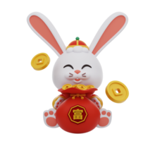 lapin mignon en vêtements traditionnels chinois tenant un sac d'argent plein d'or.icône d'éléments du nouvel an chinois. le texte signifie riche. png