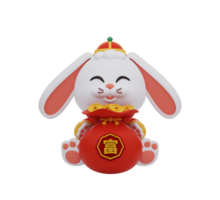 representación 3d lindo conejo en ropa tradicional china con bolsa de dinero llena de oro. icono de elementos de año nuevo chino. el texto significa rico. png