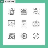 Set of 9 Commercial Outlines pack for mobile photo wifi image world Editable Vector Design Elements