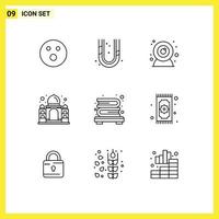 Set of 9 Modern UI Icons Symbols Signs for bookshelf bookcase camera india mahal Editable Vector Design Elements