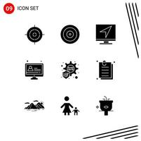 Group of 9 Solid Glyphs Signs and Symbols for interface protection computer lesson e learning Editable Vector Design Elements