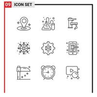 Mobile Interface Outline Set of 9 Pictograms of contact winter hand snowflake drop Editable Vector Design Elements