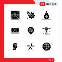 Solid Glyph Pack of 9 Universal Symbols of gear cash marketing bundle decoration Editable Vector Design Elements