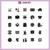 grupo de 25 signos y símbolos de glifos sólidos para elementos de diseño de vectores editables de audio de música de salud de cinta de jeep