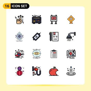 conjunto de líneas llenas de color plano de interfaz móvil de 16 pictogramas de infraestructura de vallas publicitarias de ciencia de comercio electrónico computación elementos de diseño de vectores creativos editables