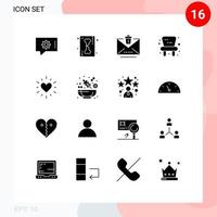 Modern Set of 16 Solid Glyphs and symbols such as cucumber love email heart chair Editable Vector Design Elements