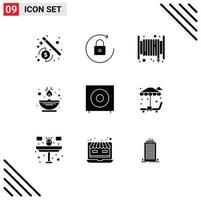 Solid Glyph Pack of 9 Universal Symbols of products devices fire bass lamp Editable Vector Design Elements
