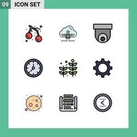 9 Universal Filledline Flat Color Signs Symbols of leaf watch camera timer clock Editable Vector Design Elements