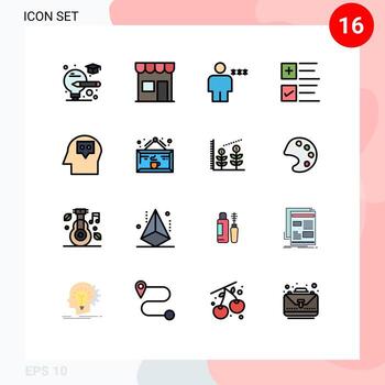 Pack of 16 Modern Flat Color Filled Lines Signs and Symbols for Web Print Media such as head plus avatar tick locked Editable Creative Vector Design Elements