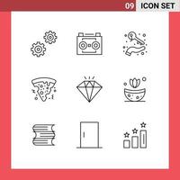 User Interface Pack of 9 Basic Outlines of jewel pizza growing food wealth Editable Vector Design Elements