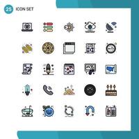 Pack of 25 Modern Filled line Flat Colors Signs and Symbols for Web Print Media such as satellite dish internet sun global computing Editable Vector Design Elements