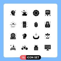 Group of 16 Solid Glyphs Signs and Symbols for river tag camera label bid Editable Vector Design Elements