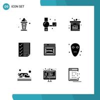 Editable Vector Line Pack of 9 Simple Solid Glyphs of coding page video camera document check Editable Vector Design Elements