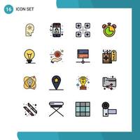 Pack of 16 Modern Flat Color Filled Lines Signs and Symbols for Web Print Media such as innovation timer fish education alarm Editable Creative Vector Design Elements