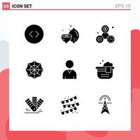 Group of 9 Modern Solid Glyphs Set for bath resources money human spider Editable Vector Design Elements