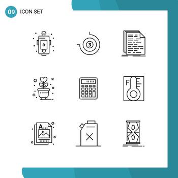 Pack of 9 Modern Outlines Signs and Symbols for Web Print Media such as calculator plant code love script Editable Vector Design Elements