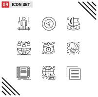 Group of 9 Modern Outlines Set for diet outsourcing business meeting global Editable Vector Design Elements