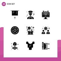 9 Thematic Vector Solid Glyphs and Editable Symbols of graph business computer analysis camera eye Editable Vector Design Elements