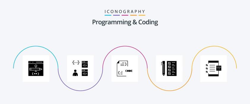 Programming And Coding Glyph 5 Icon Pack Including develop. app. development. document. develop vector