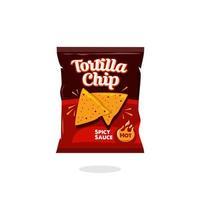 spicy hot snack tortilla chips bag plastic packaging design illustration icon for food and beverage business, potato snack branding element logo vector. vector