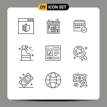 Pack of 9 Modern Outlines Signs and Symbols for Web Print Media such as detergent spray schedule planning event Editable Vector Design Elements