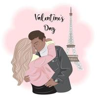 Couple in Paris near the Eiffel Tower, Valentine's Day vector illustration