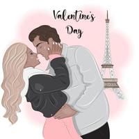 Couple in Paris near the Eiffel Tower, Valentine's Day vector illustration 2