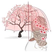 Girl with an umbrella admiring cherry blossoms, Sakura blossoms, spring flower garden, Japanese tree flowers on a pink background Vector illustration