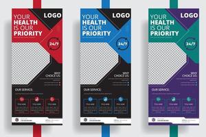 Medical Rollup banner template design, presentation For customers, and service providers, Your health is our priority roll up banner template design, X banner design, corporate business marketing ads. vector