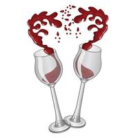 chorrito de vino en copas en forma de mitades de corazón. icono romántico en estilo realista. ilustración vectorial aislado sobre fondo blanco. vector