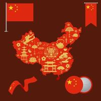 China Map with culture Vector. Vector set of the national flag of China in various creative designs