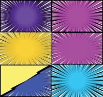 Comic book colorful frames background with halftone rays radial and dotted effects pop art style vector