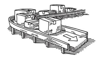 Hand-drawn vector drawing of a Conveyor Belt with Packages. Black-and-White sketch on a transparent background