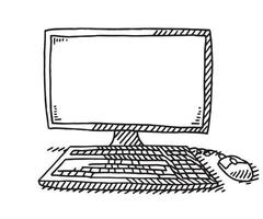 Hand-drawn vector drawing of a Desktop Computer With Keyboard And Mouse. Black-and-White sketch on a transparent background